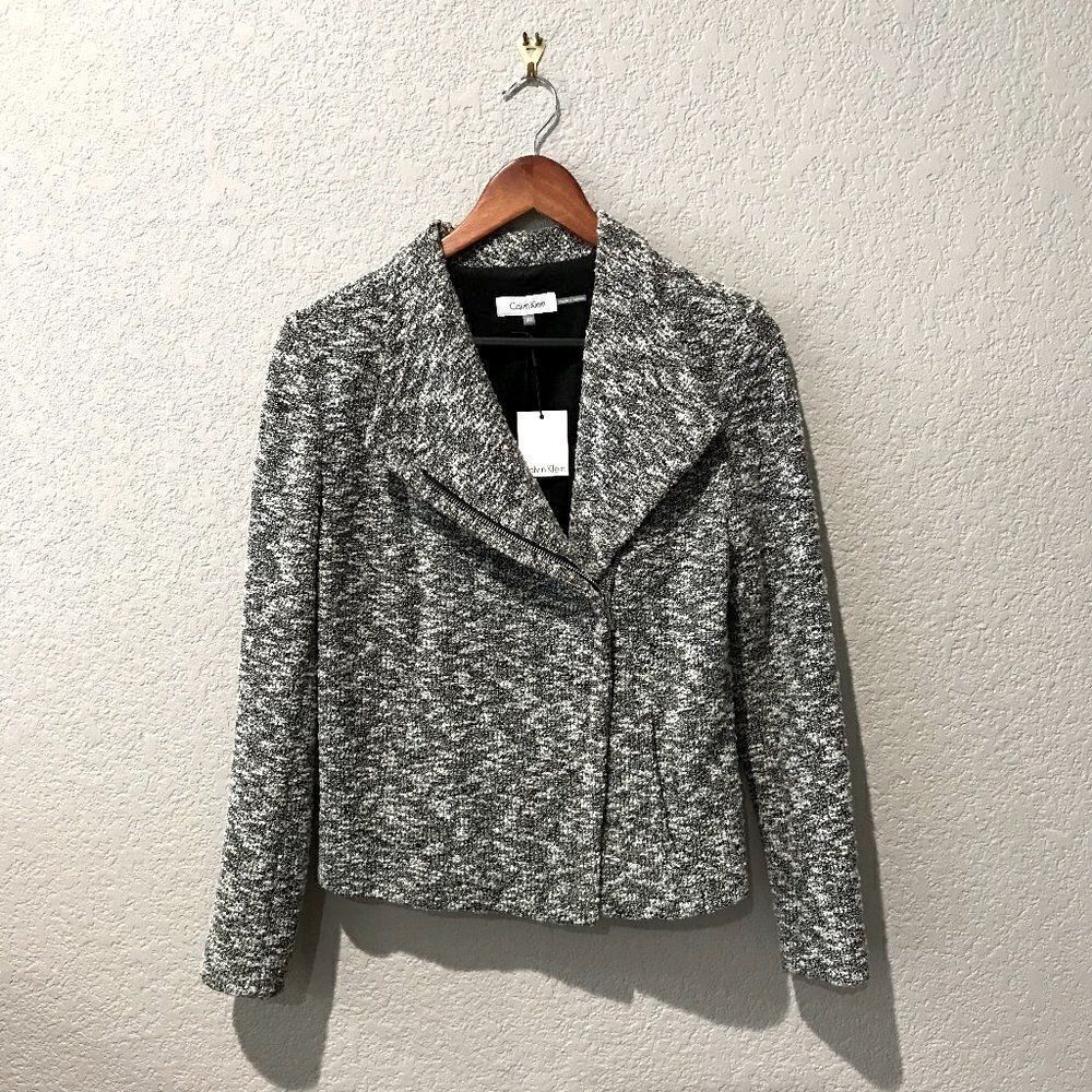 Calvin Klein Black White Teeed Textured Asymmetric Zip Blazer Jacket XS